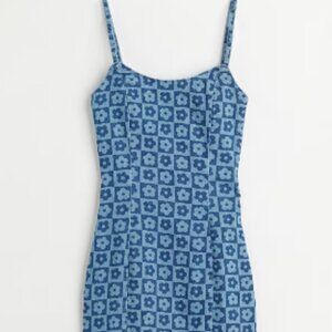 H&M Divided Fitted Mini Dress Y2K Checkerboard Daisy Denim Print Women’s Size XL
